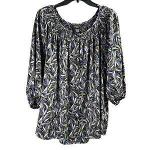 GEORGE Womens Floral Leaf Smocked Neckline Blouse Size 1X 16W Black Blue White